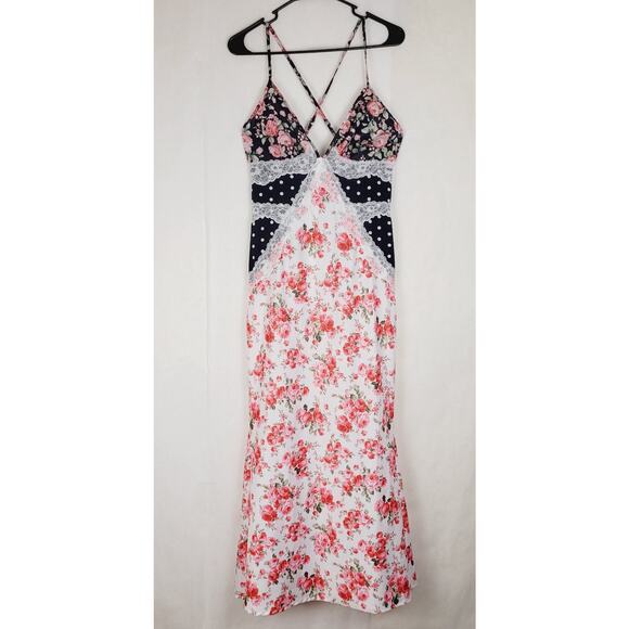 Red rose mixed print lace trim babydoll maxi slip dress Large hippie romantic - Picture 1 of 9